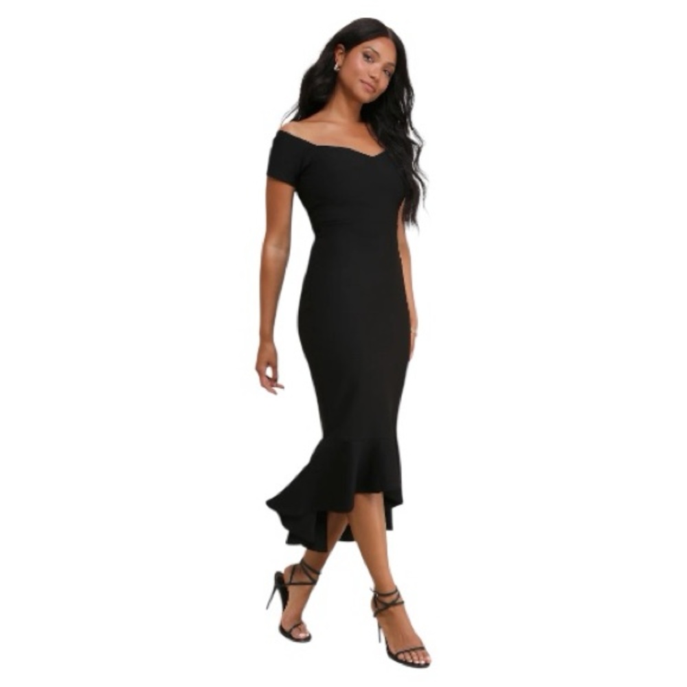 Lulus Black Off Shoulder Trumpet Midi Dress Size M NWT